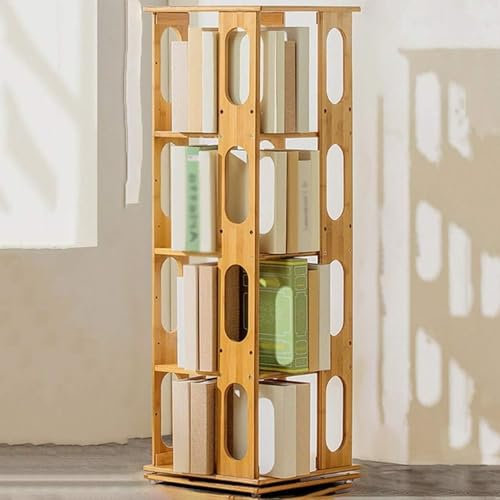 YHWKGZ 360 ° Drehbares Bücherregal, Freistehender Bücherturm, Bodenstehendes Bücherregal, Natürlicher Bambus, Ovales Ausstellungs- und Aufbewahrungs-Eckregal(37x37x115CM)