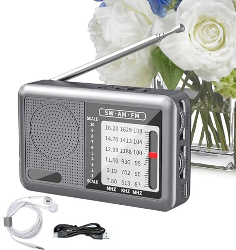 Radio Ondes Courtes | Poste Radio Mondial avec Écouteurs - Batterie Rechargeable, Récepteur Grand Public pour Voyage Camping et Activités Extérieures