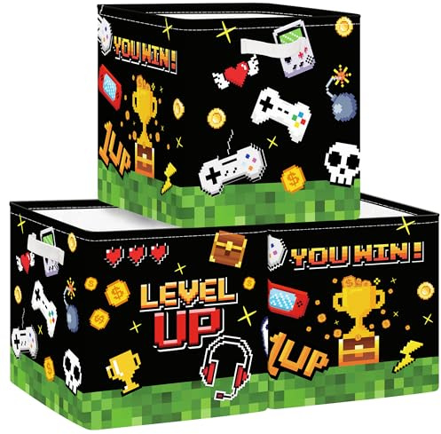 Clastyle Set di 3 Scatole Portaoggetti Videogioco Cubo di Stoccaggio per Armadio Vestiti Cesto Scaffali Bambini Scrigno dei Giocattoli e Libri per Scuola Materna,Pixel Art,30x30x30 cm
