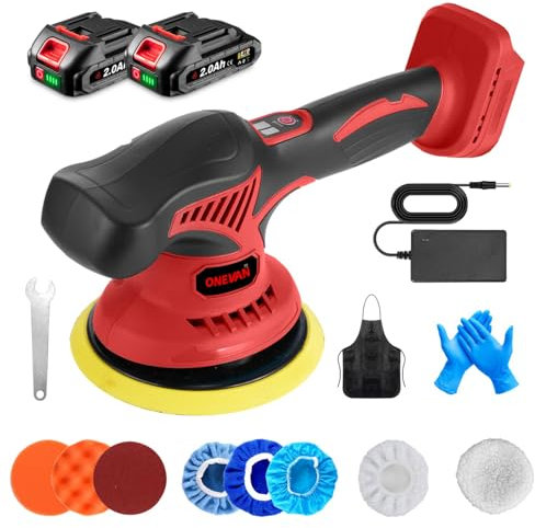 ONEVAN pulidora coche inalambrica 150mm, 20V pulidora bateria con 2 baterías de 2,0Ah, 8 velocidades variables, sin escobillas, pulido de órbita aleatoria de 9mm, Pantalla LCD, pulidora orbital coche