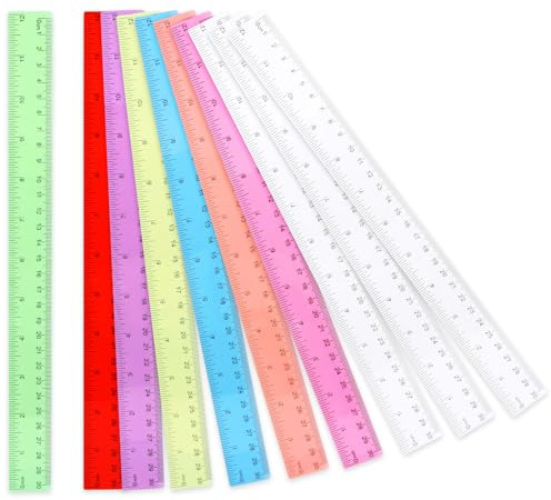 10 Stück Farbiges Kunststoff Lineal 30cm, Buntes Lineale Set, Leselineal, Gerade Messwerkzeug mit Metrisch und Zoll Skala, Schulbedarf Ruler für Schule, Büro, Zuhause, Grundschule, Ruler 12 Inch