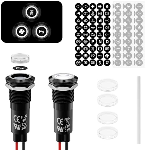 FILN 2Pcs LED Indicator Light Metal 180 Symbols 12V 24V Compatible 12mm Mounting Hole IP67 Waterproof Rating Ideal for DIY,Car, Boat, Motorcycle Dashboard Indicator Lights (White LED Light)
