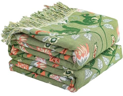 Boho Ultra Soft Throw Blanket 60''x80',100% Cotton Blankets for Couch Bed,Squirrel Farmhouse Home Decor Bed Blankets, All Season Rustic Reversible Bohemian Lightweight Throw for Bed -Light Green ﻿