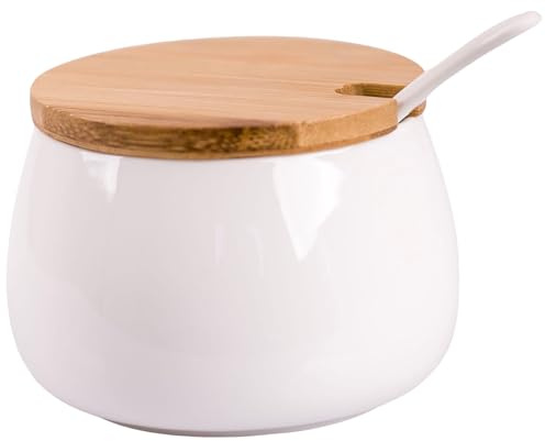 OMAGO, Zuckerdose weiß, geräumige Zuckerdose mit Löffel, Porzellan, Bambus, Runde Zuckerdose, moderner Stil