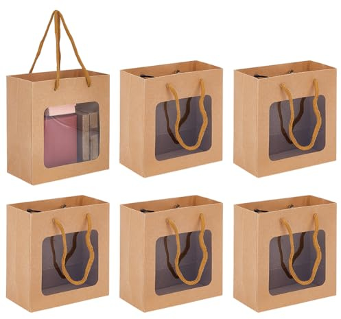BENECREAT 6 pz Sacchetti Regalo con Manici, Marrone, 14x7.1x14.9cm | Borsa in Carta Kraft, con Finestra Trasparente, per Confezioni di Bomboniere, Confezioni Regalo per Compleanni e Festività