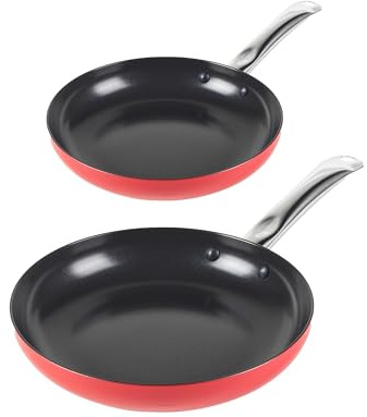 Russell Hobbs Riviera Frying Pan Set – 24cm & 28cm, PFAS-Free Ceramic Non-Stick, Durable Aluminium, Induction & Oven Safe up to 220°C, Red, Ideal for Pancakes, Eggs & Stir-Fries