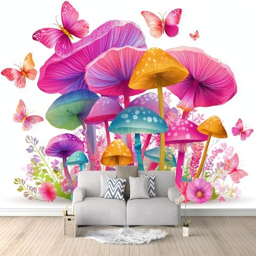 200 x 140 cm Vlies Fototapete Cartoon Pilz Schmetterling Blume Fototapeten - Rosa Tapeten für Wohnzimmer Schlafzimmer Flur Vliestapete Wandtapete, 3d Effekt Wand Dekoration