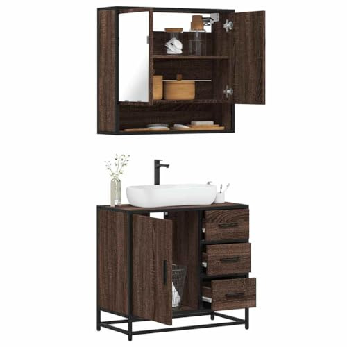 Ziaphsol 2-TLG. Badmöbel-Set, Braun Eichen-Optik, Holzwerkstoff, 65 cm Breite, Feuchtigkeitsbeständig, Modernes Design, mit Spiegelschrank