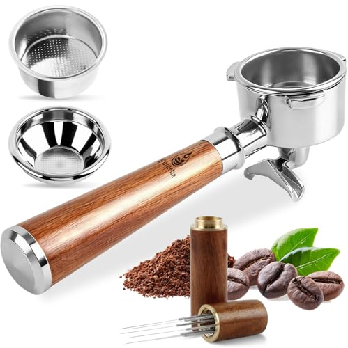 Porte-Filtre 54mm à Double Bec Verseur Compatible avec Sage/Breville Barista 870/875/878/880, Filtre à Café 54mm avec poignée en noyer, 2 paniers inox, répartiteur d’aiguille espresso (3 Oreilles)