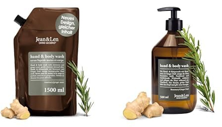 Jean & Len Hand & Body Wash Rosmarin & Ingwer Bundle: 1x 1,5L Nachfüllbeutel + 1x 500ml Glasflasche mit Pumpe, vegan, Flüssigseife, ohne Silikone/Parabene/Mikroplastik