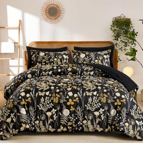 Lanqinglv Bettwäsche 135x200 4Teilig Schwarz Gelb Blumen Blätter Wendebettwäsche Pflanzen Bettbezug mit Reißverschluss und 2 Kissenbezug 80x80,ÖkoTex Bettwäsche für Allergiker Geeignet