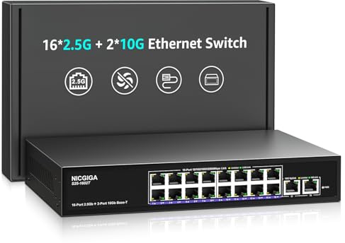Commutateur Ethernet 10 Go non géré avec 2 ports RJ45 de 10 Go + 16 ports Base-T de 2,5 Go, support de bureau/mural NICGIGA 18 ports 10 Gbit/s pour AP, NAS, PC