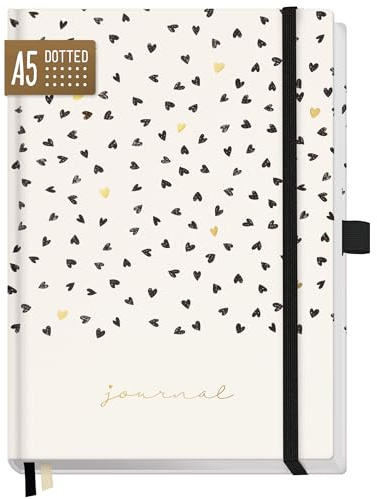 paper&you® Premium Journal dotted A5 Golden Hearts anteckningsbok, 120g/m² tjockt papper, 188 numrerade sidor, dagbok med prickat rutnät - hållbar & klimatvänlig