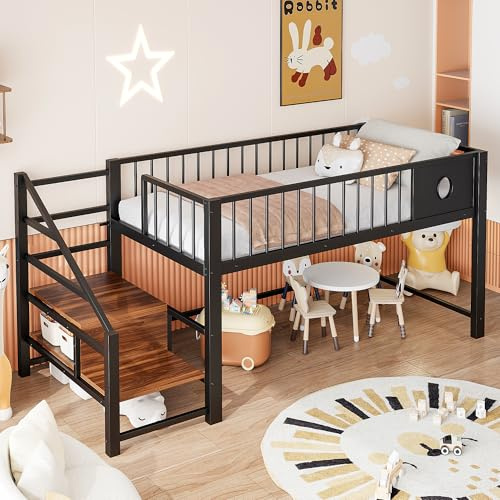 Merax Niedriges Hochbett 90x200 cm, für Kinder & Jugendliche, Metallrahmen, platzsparend mit Aufbewahrungsleiter, Stauraum unter dem Bett, kompakt, vielseitig, Schwarz (ohne Matratze)