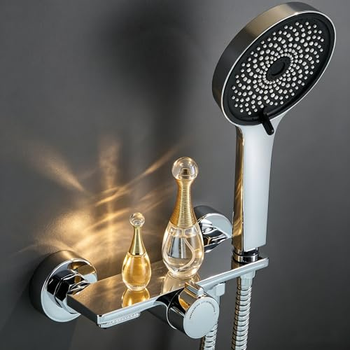 Auralum Badewannenarmatur mit Duschbrause, Duscharmatur Komplettset mit Ablage, Wasserfall-Auslauf, Edelstahl-Schlauch und Wandhalterung, Messing-Mischbatterie mit Handbrause fürs Bad, Chrom