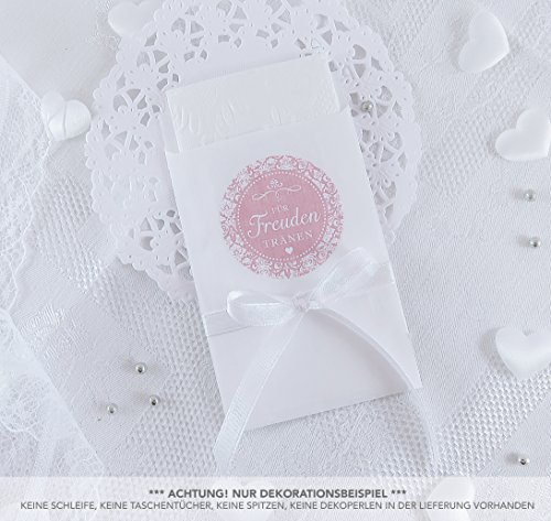 Freuden Tränen Taschentücher Set zur Hochzeit Groß 48 Sticker + 48 weiße Flachbeutel - 63 x 93 mm für Freudentränen Taschentuch Verpackungen Aufkleber in ROSA mit Ornamenten im Shabby Chic Look