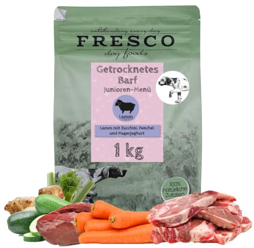 FRESCO Dog TrockenBarf für Hunde Junior Lamm 1kg | Für Welpen und Junghunde | Hypoallergen, getreidefrei, 100% frische Zutaten | BARF Hundefutter trocken mit Zucchini, Fenchel und Magerjoghurt