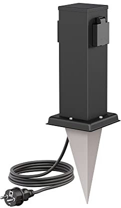 ledscom.de Colonna di presa da giardino Polly con picchetto a terra e cavo da 2 m per esterni, IP44, a 2 ingressi, in acciaio inox, angolare, nero, 27 cm