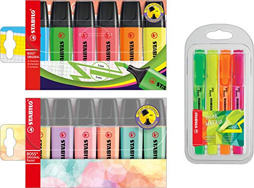 STABILO Textmarker BOSS ORIGINAL - 2x 6er Pack + 4er mobile Pack - mit 2x 6 verschiedenen Farben (6er Pack Standard + 6er Pack Pastel + 4er Pack swing cool mobile)