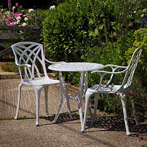 Lazy Susan - Rose Bistrotisch mit 2 Stühlen | Rundes Gartenmöbel Set aus Metall | Weiß | April Stühle | 3 Jahre Garantie