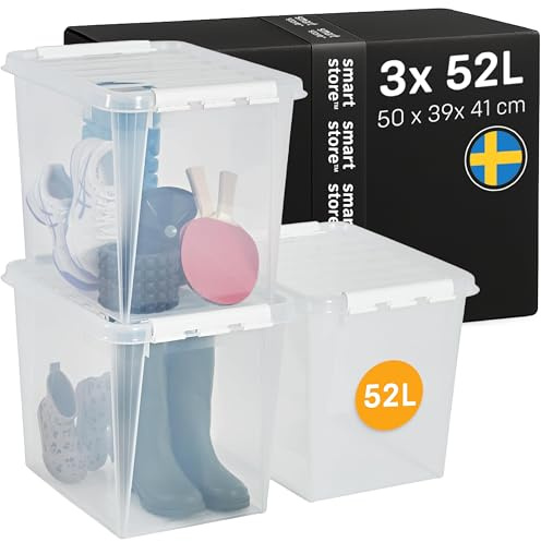 SmartStore - 3x Boîte de Rangement Plastique avec Couvercle Classic 52L (50x39x41cm) | Empilable et de Qualité Alimentaire | Boîte Plastique avec Couvercle & Coins Renforcés | Garantie 10 Ans