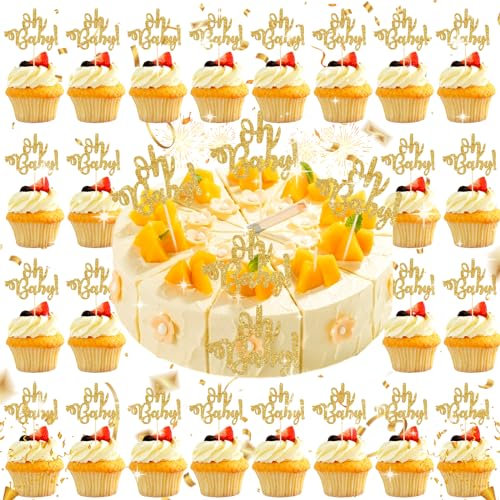 30 Stück Oh Baby Shower Cake Toppers, Glitter Cupcake Topper Dekore für Hochzeit, Geburtstag, Kids Party Dekorationen