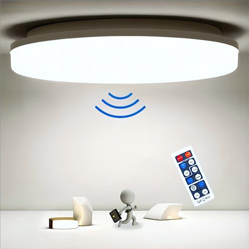 LED Deckenleuchte mit Radar Bewegungsmelder, 24W Deckenlampe mit Fernbedienung, 4000K Lampe mit Bewegungsmelder innen, IP54 Sensorlampe für Bad Flur Balkon Garage Keller Treppen, 28x4.8cm