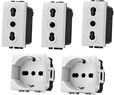 Di Tutto Per Tutti® Set 5 Pezzi Living Light compatibile | 3 Presa Bipasso 2P+T 16A 250V | 2 Shuko 2P + T 10/16A 250V | Bianco
