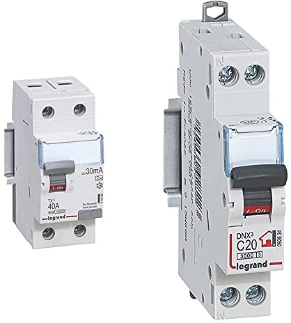 Legrand 411560 TX3 FI Disjoncteur de courant résiduel, 40a, 2p, 30mA & 092824 Disjoncteur Phase + Neutre avec Bornes à Vis, 20A, 1 Module, Gris