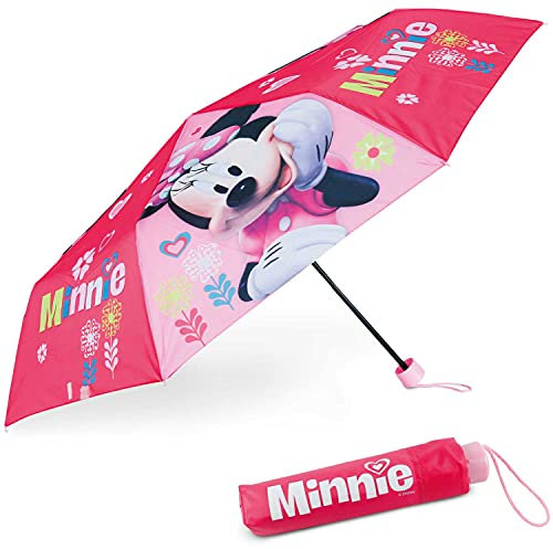 BONNYCO Regenschirm Kinder Minnie Mouse, Regenschirm Sturmfest mit Verstärkter Struktur. Klappschirm mit für Tasche, Rucksack oder Reise. Taschenschirm Kinder Mädchen, Geschenke für Mädchen