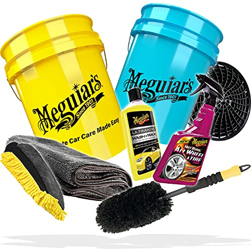 detailmate Auto Wasch Set Waschhandschuh + Microfiber Monkey Trockentuch + Meguiars: Wash & Wax Autoshampoo + Hot Rims Wheel Cleaner + Felgenbürste + 2X Wasch Eimer + Schmutzsieb + Zubehör