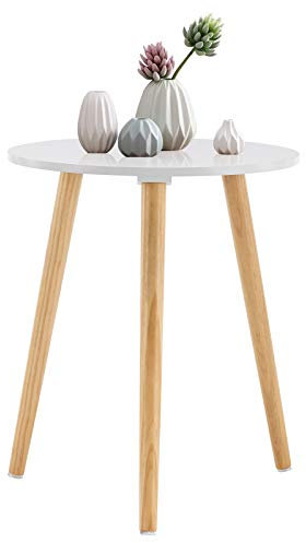 YOUDENOVA Mesita auxiliar de madera, mesa de centro redonda, diámetro 42 x 52 cm, mesa de salón, mesita de noche con bandeja, mesa de sofá, soporte para flores, resistente, color blanco/natural