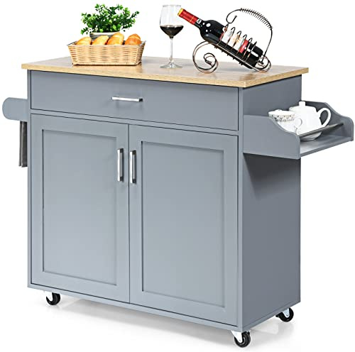 COSTWAY Carrello da Cucina con Ruote di Gomma, Scaffale per Microonde Carrello Servizio, Mobile Cucina con Ripiani e Ante, Credenza Cucina Legno Moderno Elegante, 116 x 37 x 85 cm (Grigio)