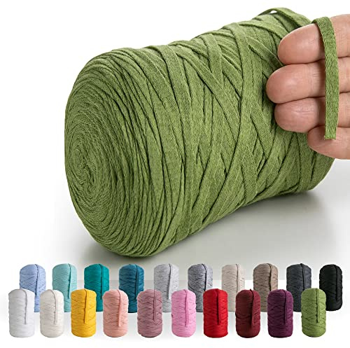 MeriWoolArt® Baumwollgarn Band Grün - 10mm T-Shirt Band Garn für Stricken, Makramee, Häkeln, Weben, Geschenkband - 150 m Baumwollband (Salbey)