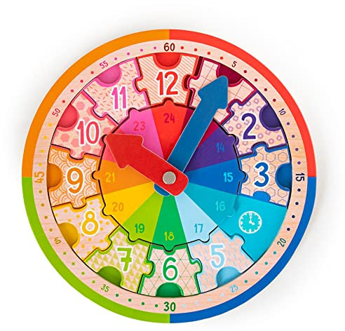 TRENDHAUS 956491 ABC Champions Lernuhr aus Holz, Inkl. Holzpuzzle, Uhr Lernen für Kinder ab 5 Jahren, Braun