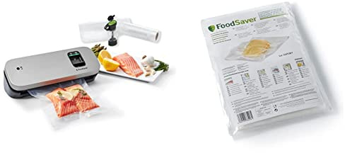 FoodSaver VS1190X - Envasadora al vacío de alimentos compacta con accesorio sellador manual + Bolsas FoodSaver de envasado al vacío reutilizables precortadas | 48 bolsas de envasado (940 ml)