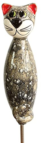 Gartenfigur Katze aus Keramik 30 cm Dekofigur getöpferte Gartendeko grau