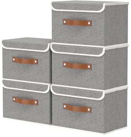 OUTBROS 5 Stück Aufbewahrungsboxen mit Deckel, 38 x 25 x 25 cm, faltbare Stoffboxen, Aufbewahrungskörbe, Organizer für Kleidung, Bücher, grau ST02GS5