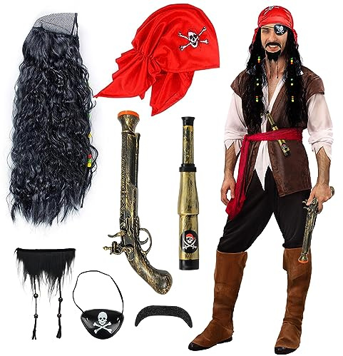 Piraten Kostüm Erwachsene, Piratenkostüm mit Piraten Perücke Schnurrbart Herren Piratenkapitän Bandana Pistole Fernrohr Augenklappe Zubehör für Karneval Halloween Party Kostüm Prop