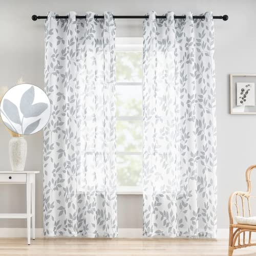 Treatmentex Cortinas Traslúsidas de Visillos Sala para Ventana de Dormitorio, Cortinas Salon Modernas 2 Piezas con 8 Ojales, Blanca y Gris Color, 136x225cm