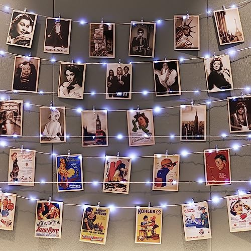 HXWEIYE 120LEDs Photo Clips String Light, 40Ft USB, 8 Modes & Timer | 52 Clear Clips & 12 Hooks, Silver Wire Fairy Lights, For Hanging Picture, Wall Bedroom Party Decor, White