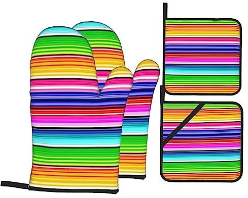 EVANEM Ofenhandschuhe und Topflappen, Set mit 4 Grillhandschuhen, bunte mexikanische Streifen, rutschfeste Ofenhandschuhe, hohe hitzebeständige Kochhandschuhe für Küche, Backen, Kochen, Unisex,