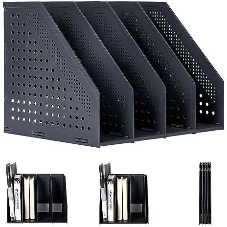 BOSCOW Stehsammler A4, Klappbarer Zeitschriftensammler mit 4 Fächern - Hochwertig, Stabil und Platzsparend - Ideal für die Aufbewahrung und Organisation Regale & Halter für Dateiordner (Dunkelgrau)