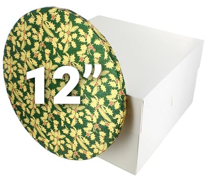 Culpitt Christmas Cake Board & Box Set | 12 (30cm), Green | White Cake Box & Gold Holly Drum, Festive Cake Transport Combo