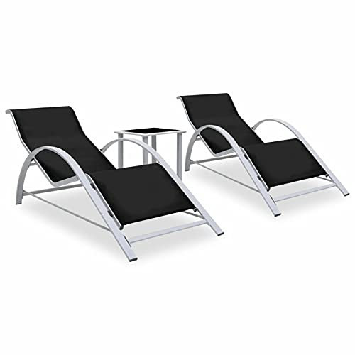 Sonnenliegen, 2er Set mit Tisch, Aluminiumgestell, Textilene Bezug, schwarz, ergonomisches Design, wetterbeständig für Outdoor-Entspannung im Garten oder auf der Terrasse