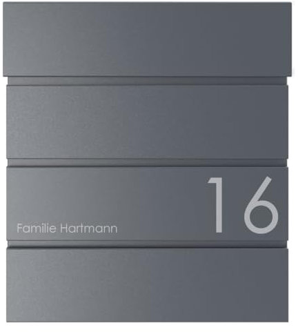 Cassetta della posta Manufaktur Kant con scomparto per giornali – Design 1 personalizzato con il vostro nome e numero civico (RAL 7016 grigio antracite)