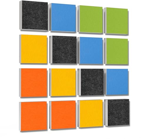 platino24 Akustikpaneele 16 Elemente 3D-Set Colore Quadrat 27,5 x 27,5 cm Multicolore I Schallabsorber aus Basotect G+ mit Akustikfilz I Schalldämmung Wand & Decke I Akustikelemente Wandpaneel