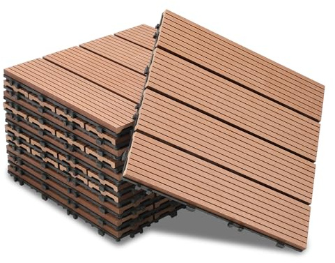 Jiubiaz WPC Terrassenfliesen Holzoptik 30x30 cm, 10m² = 110 Fliesen Klickfliesen, Balkonfliesen Bodenbelag für Balkon & Terrasse - wetterfest mit Drainagefunktion | Hellbraun