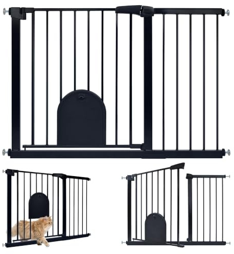 UISEBRT Treppenschutzgitter und Türschutzgitter ohne Bohren, Selbstschließend, Einhändiges Öffnen, für Breiten 105-115 cm, Metall Gitter, Schwarz, mit Katzentür/Haustiertür