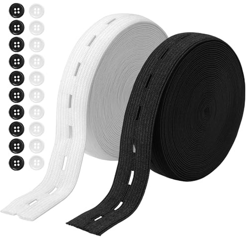 HIKPACKER 2 Stück Gummiband mit Knopfösen, Gummiband zum Nähen Breite 20mm | Verstellbar Lochgummiband mit 20 Knöpfe, Flaches Nähband Gummiband mit Knopfloch, für Nähen Stricken Taillenbändern